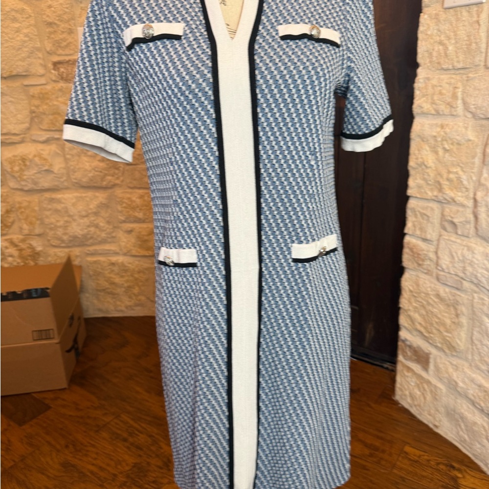 Blue and White Casual Button Down dress with Textured Pattern